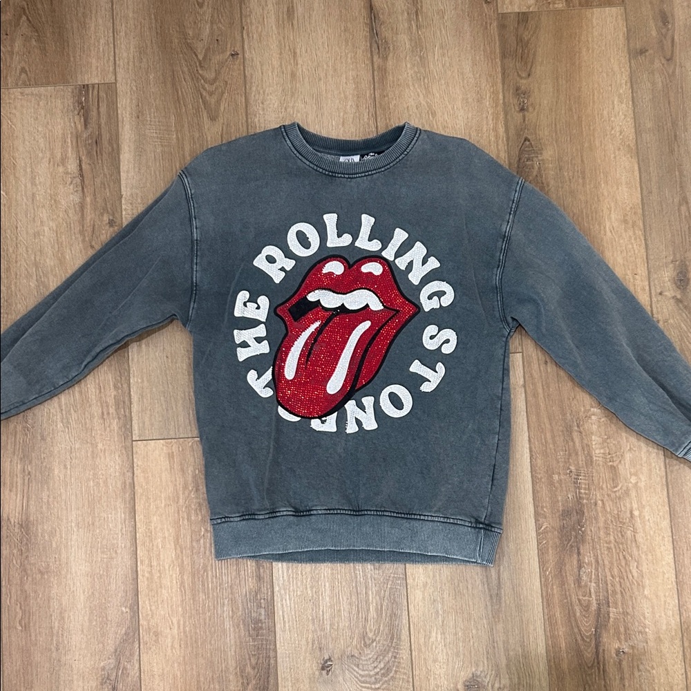 Zara x The Rolling Stones | Gray Crewneck Sweatshirt | Red Tongue Logo